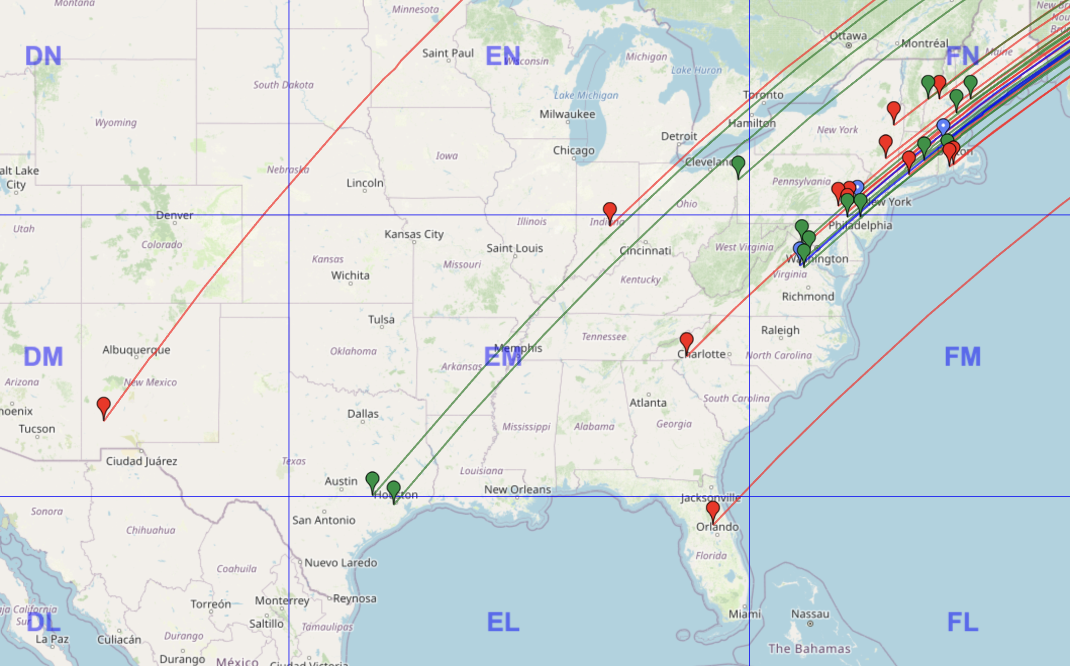 Caption: The actual reality - successful QSOs to the US East Coast: 20m (red), 15m (green), and 10m (blue)! The bands were just starting to wake up, but I had to pull the plug on the test early.