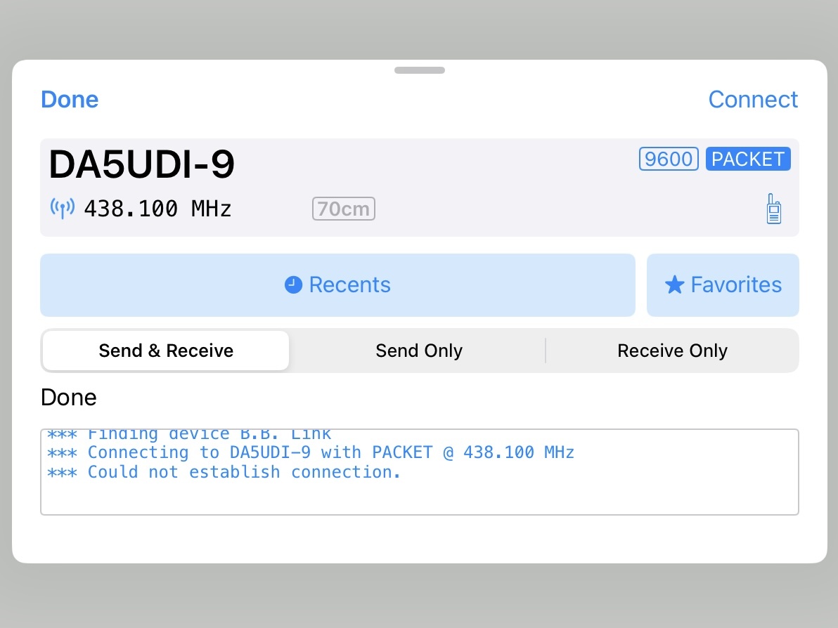 My failed attempt to access the Winlink RMS Gateway.