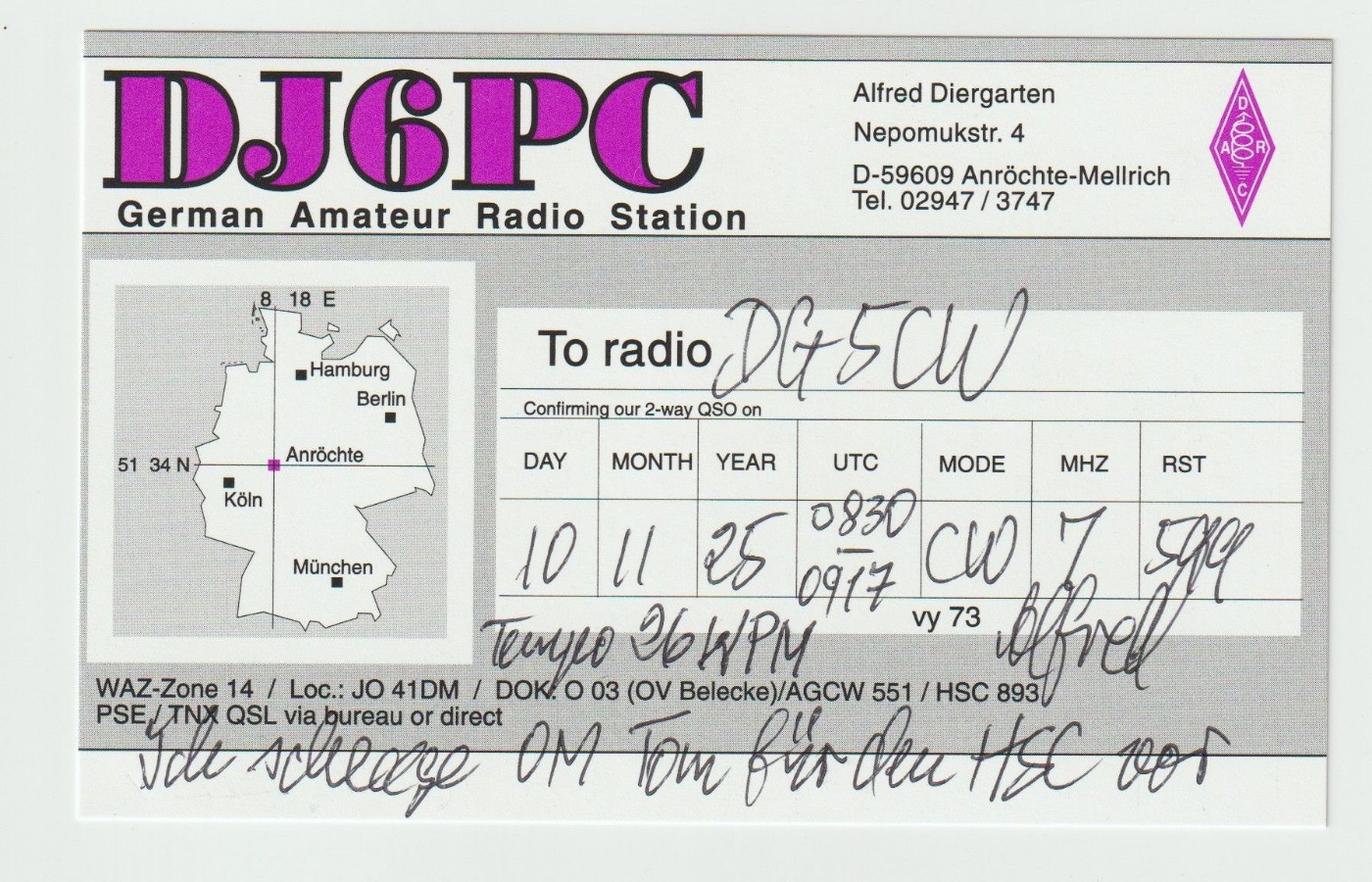 The QSL from DJ6PC.